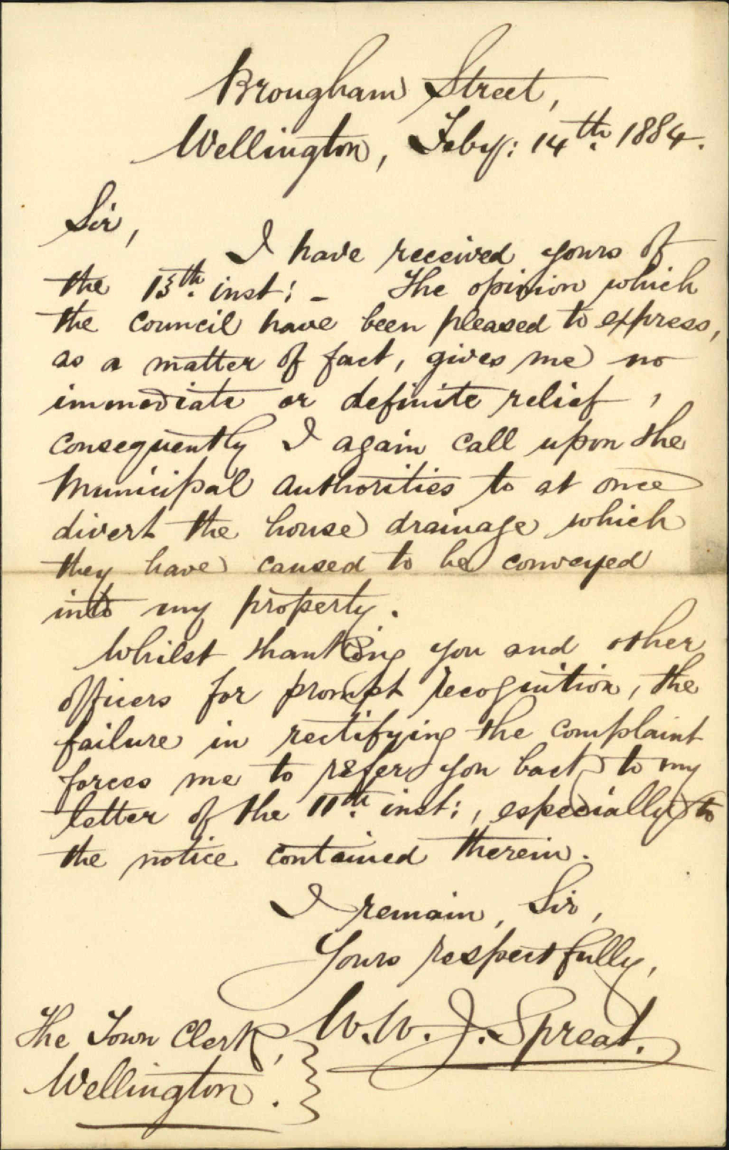 Further regarding drainage at his property [Brougham Street] - W W J Spreat