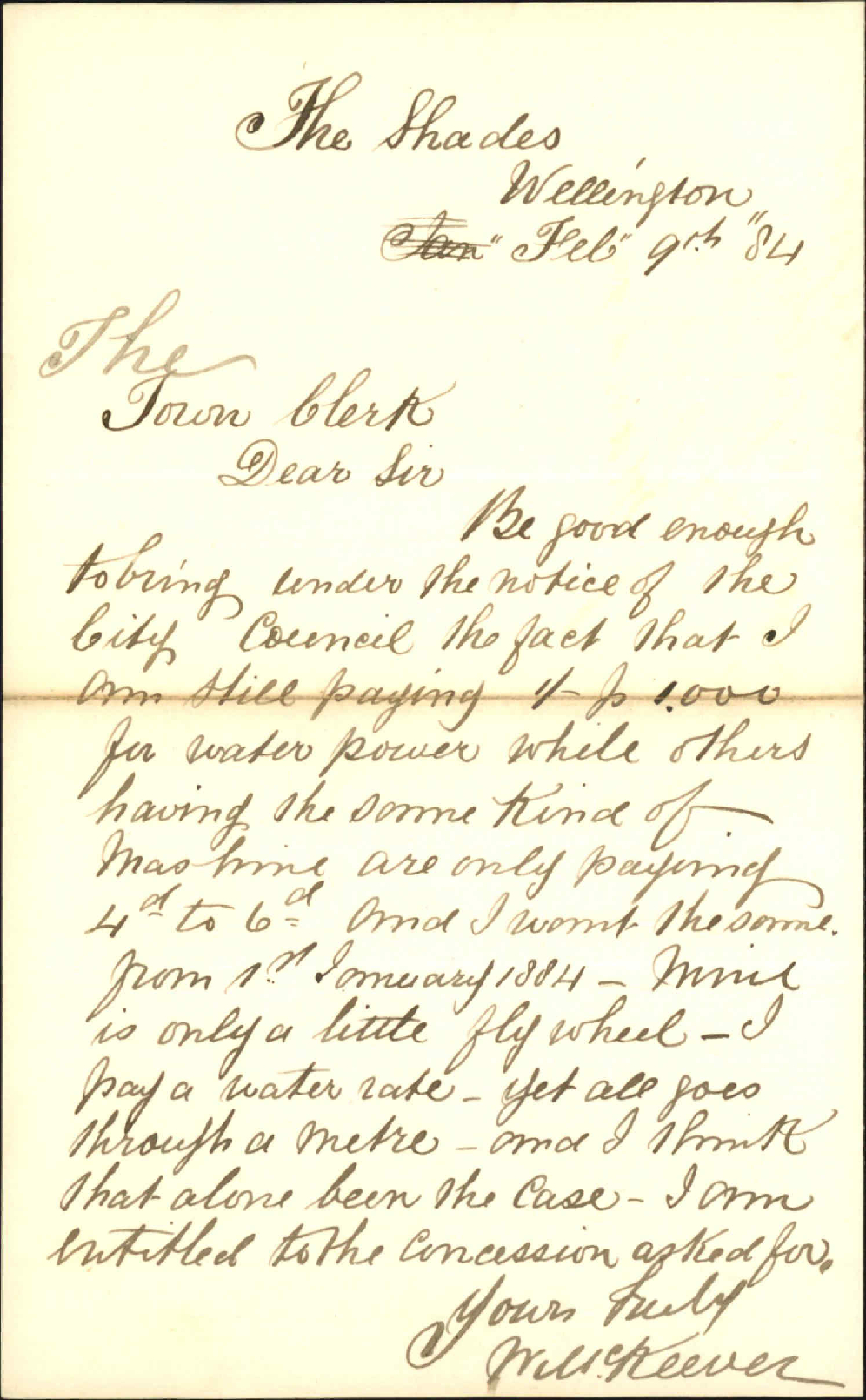 Request for water supplied to his premises - W McKeever