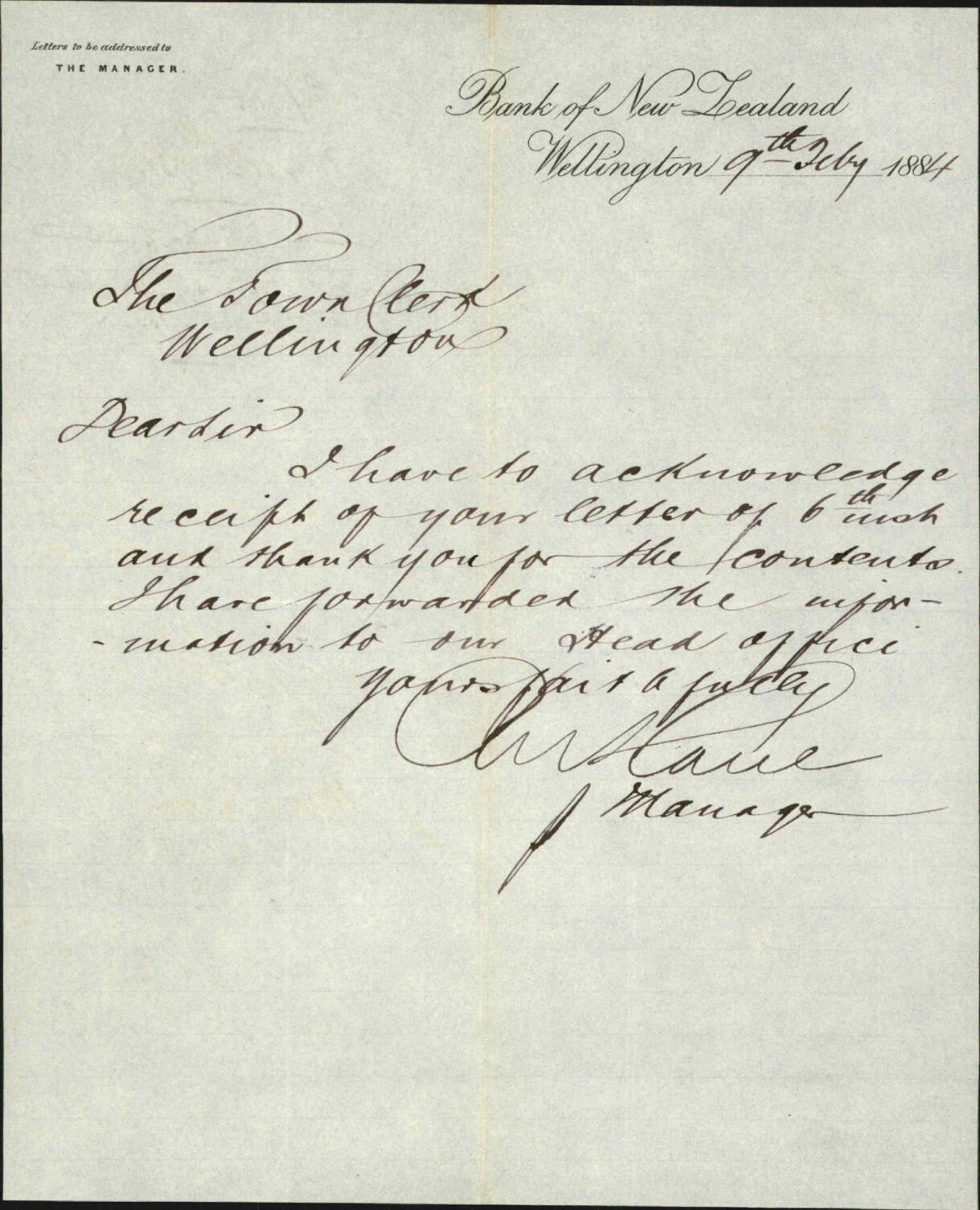 Acknowledging receipt of letter as to lost bonds - Bank of New Zealand