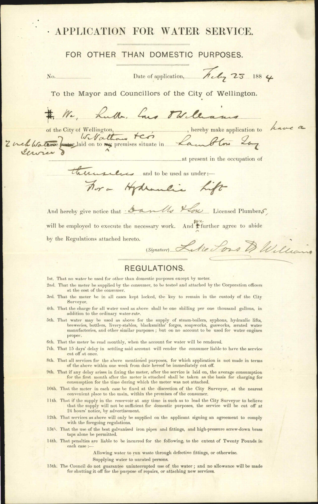 Application for 2" water service, Lambton Quay - Luke Sons &amp; Williams