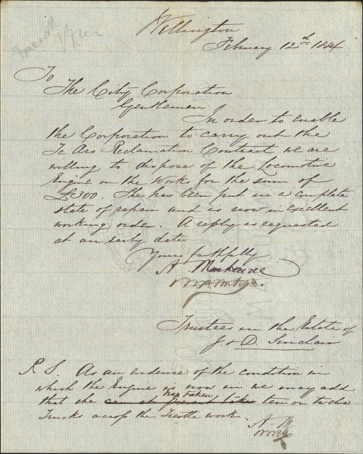 Offering locomotive engine for sale - A Mackenzie, trustee of the estate of J and D Sinclair