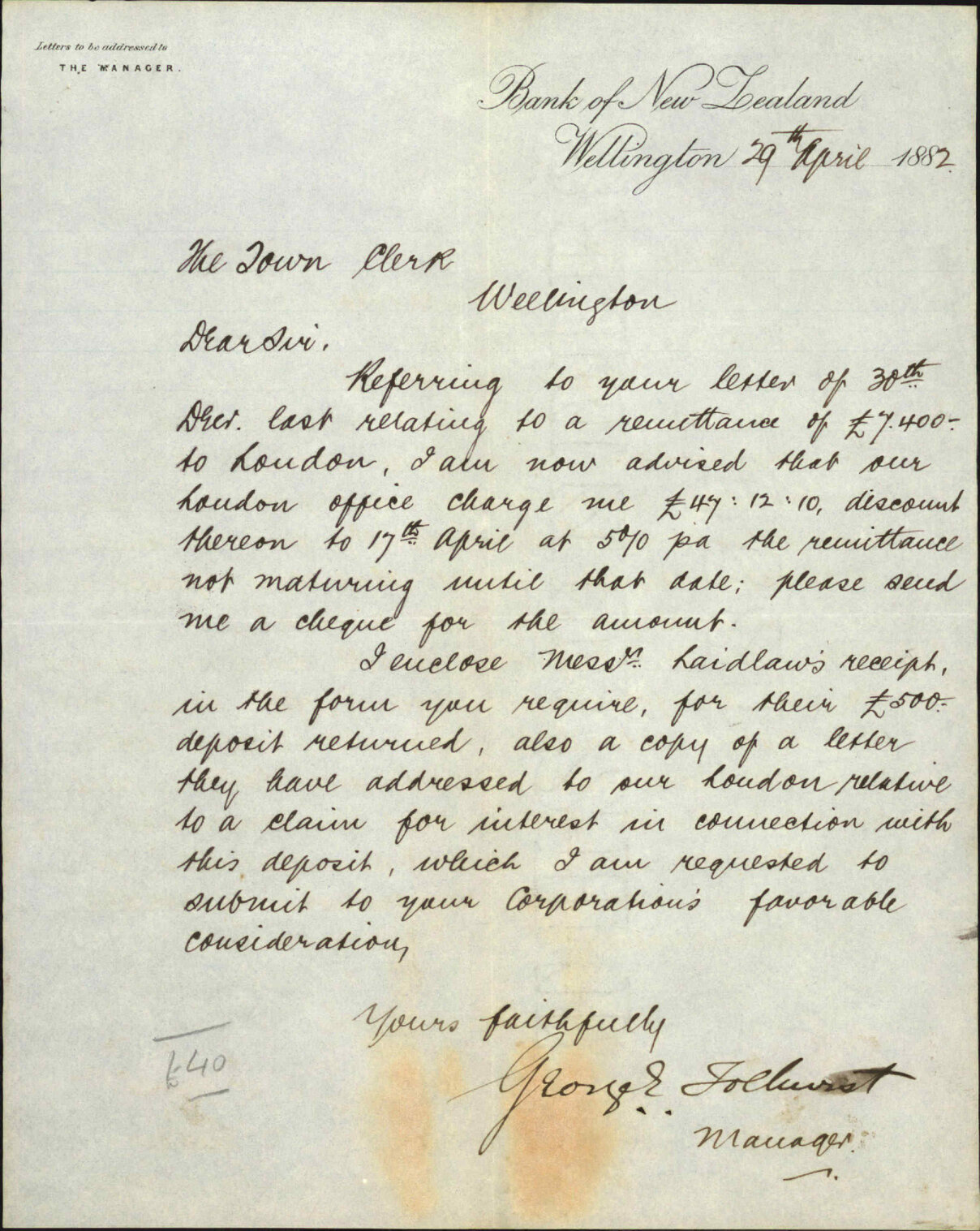 Interest in R Laidlaw, sum deposit in contract - Bank of New Zealand