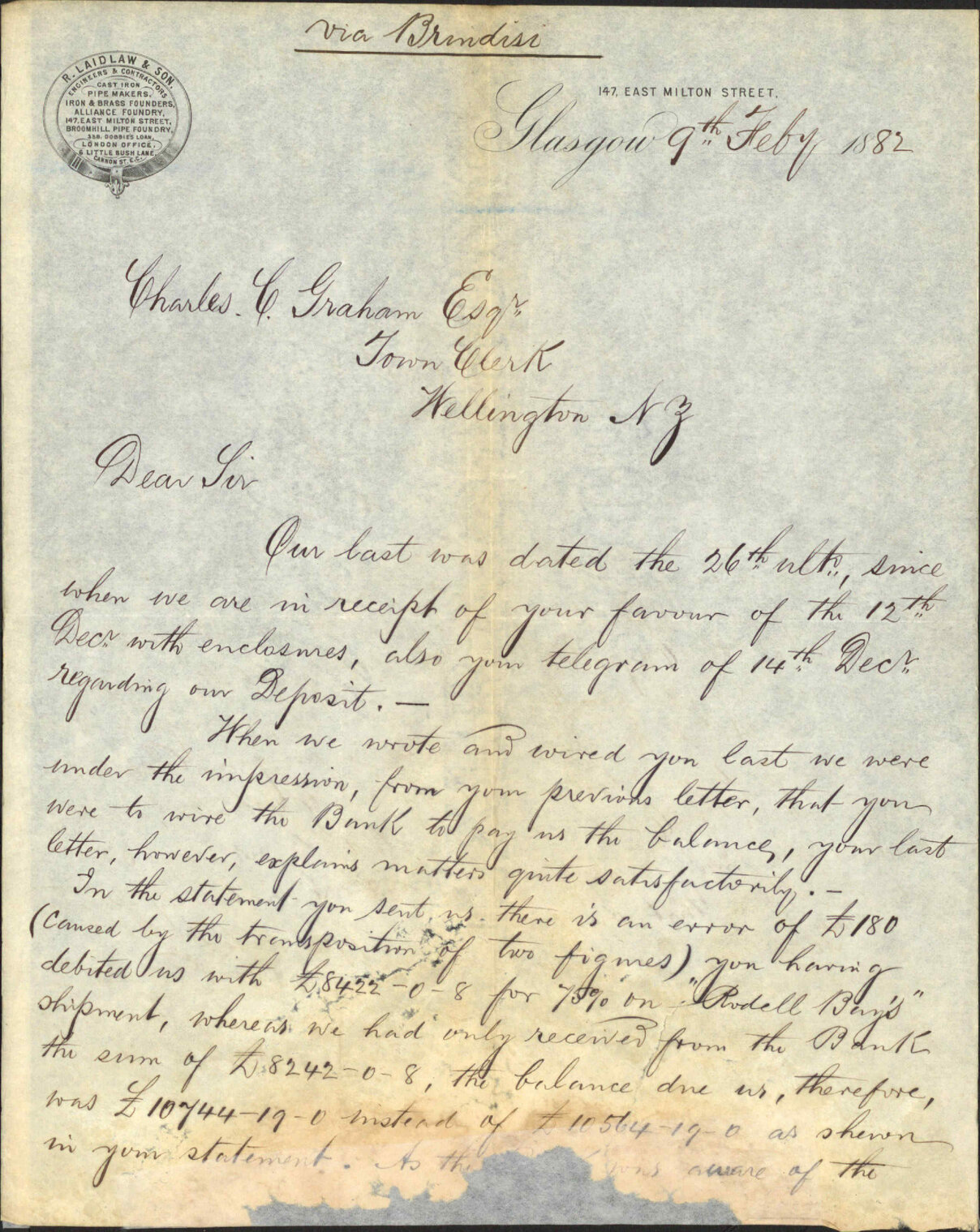 Had given receipt in full, advising shipment per Glenariff - R Laidlaw &amp; Son