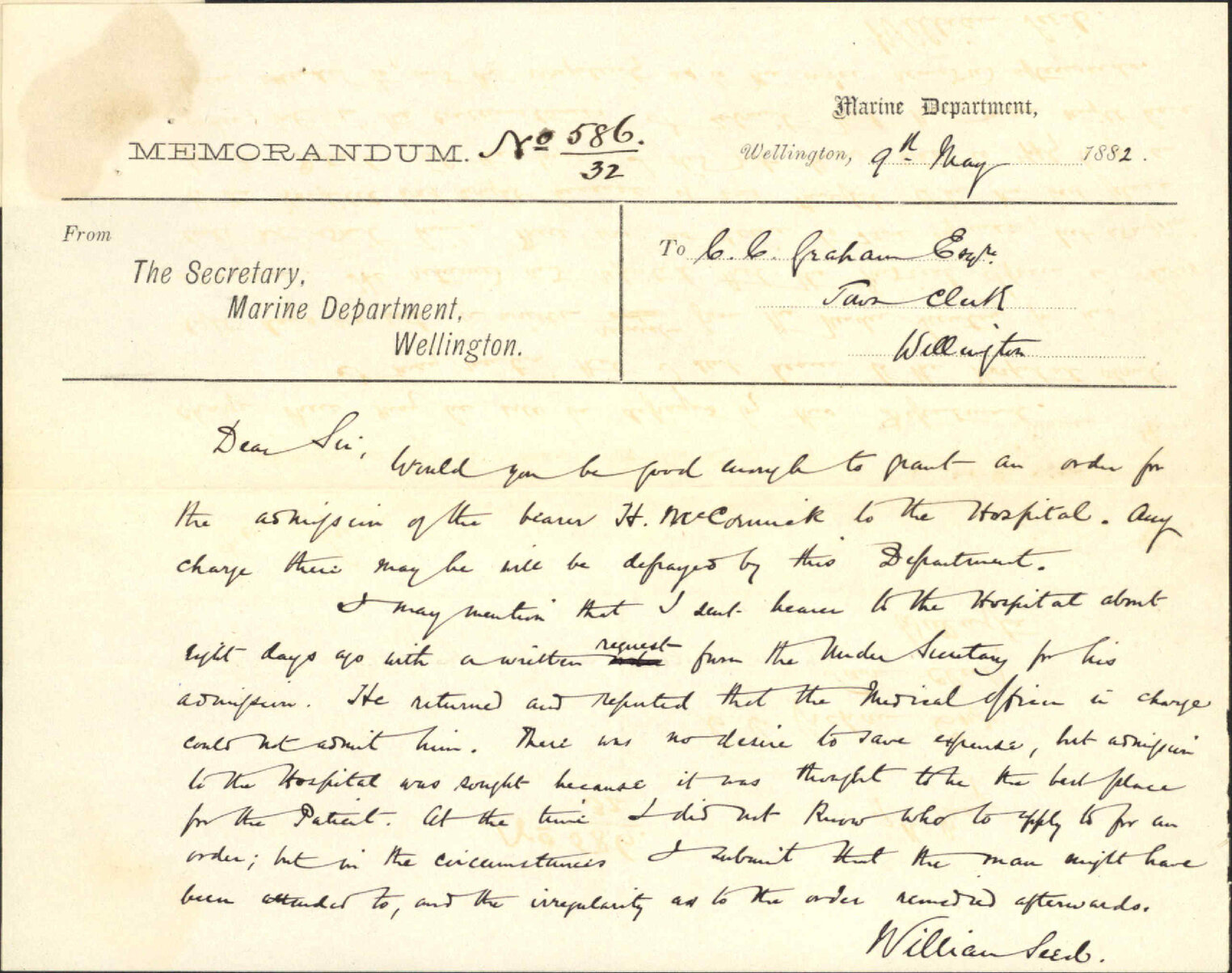Complaint regarding non admission of seaman ex Hinemoa into hospital - Marine Department