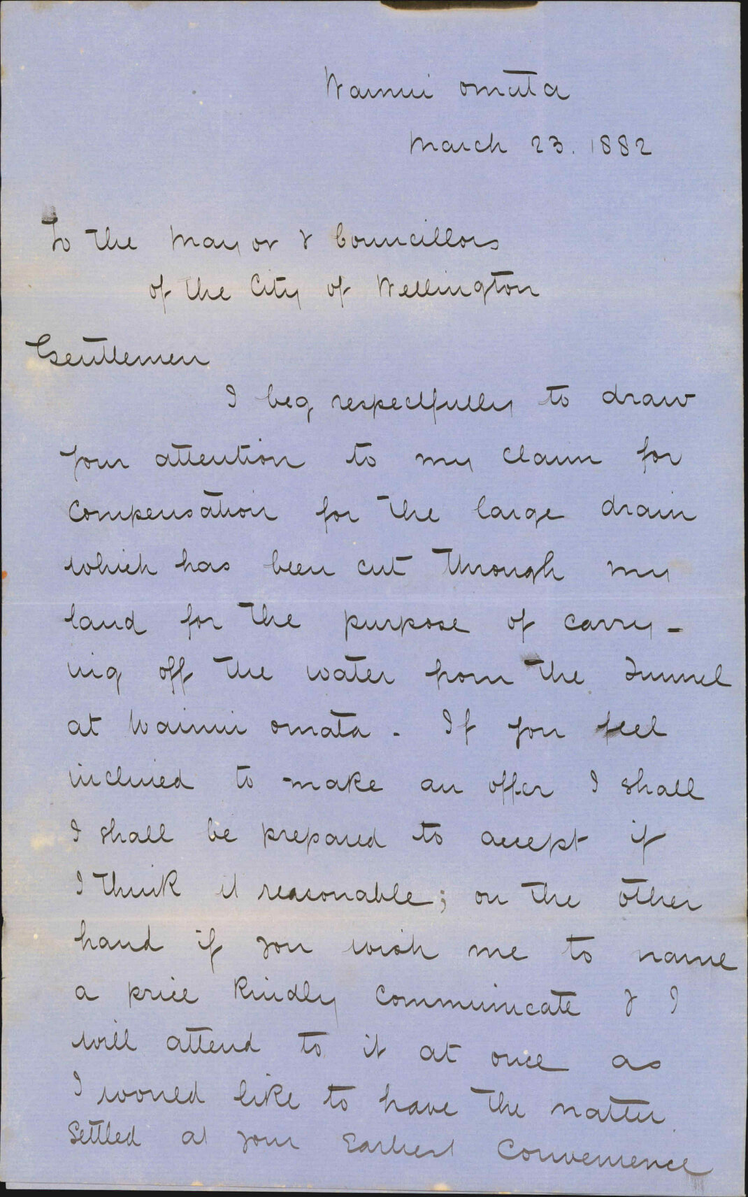 Claim regarding account of Wainui water works - E Campbell