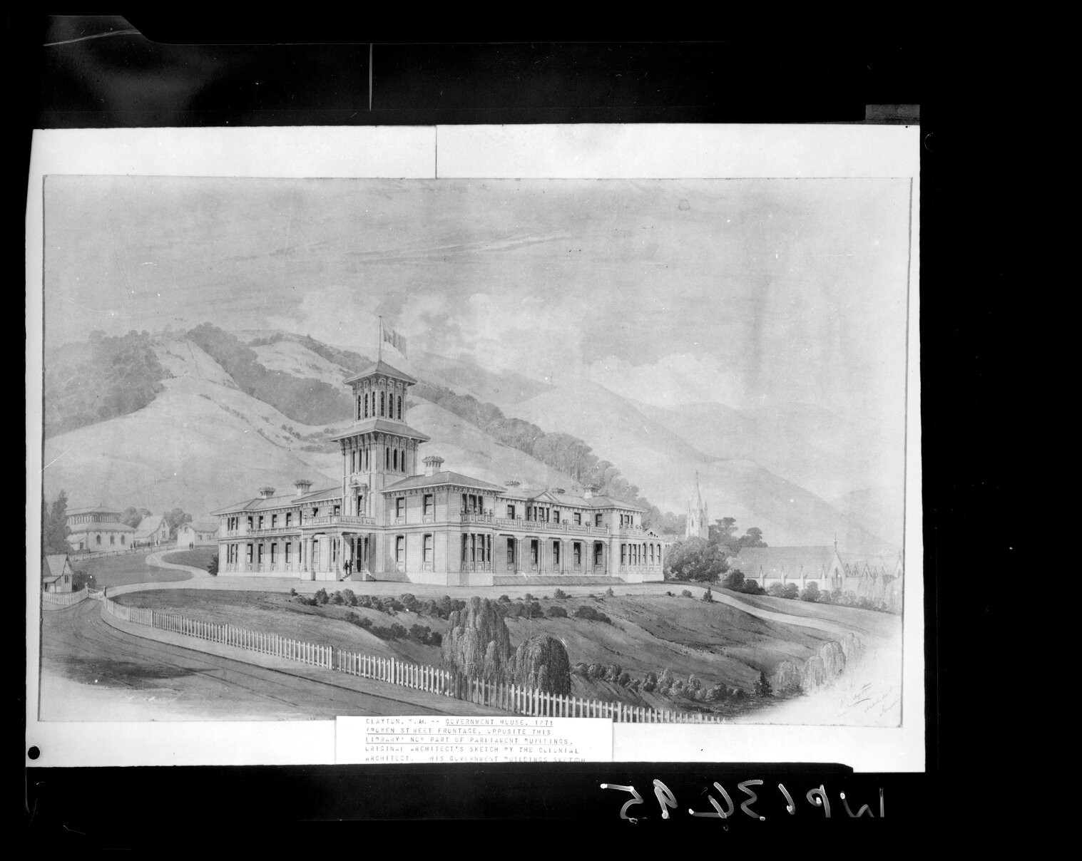 Copy photograph of a sketch of Government House, Bowen Street frontage