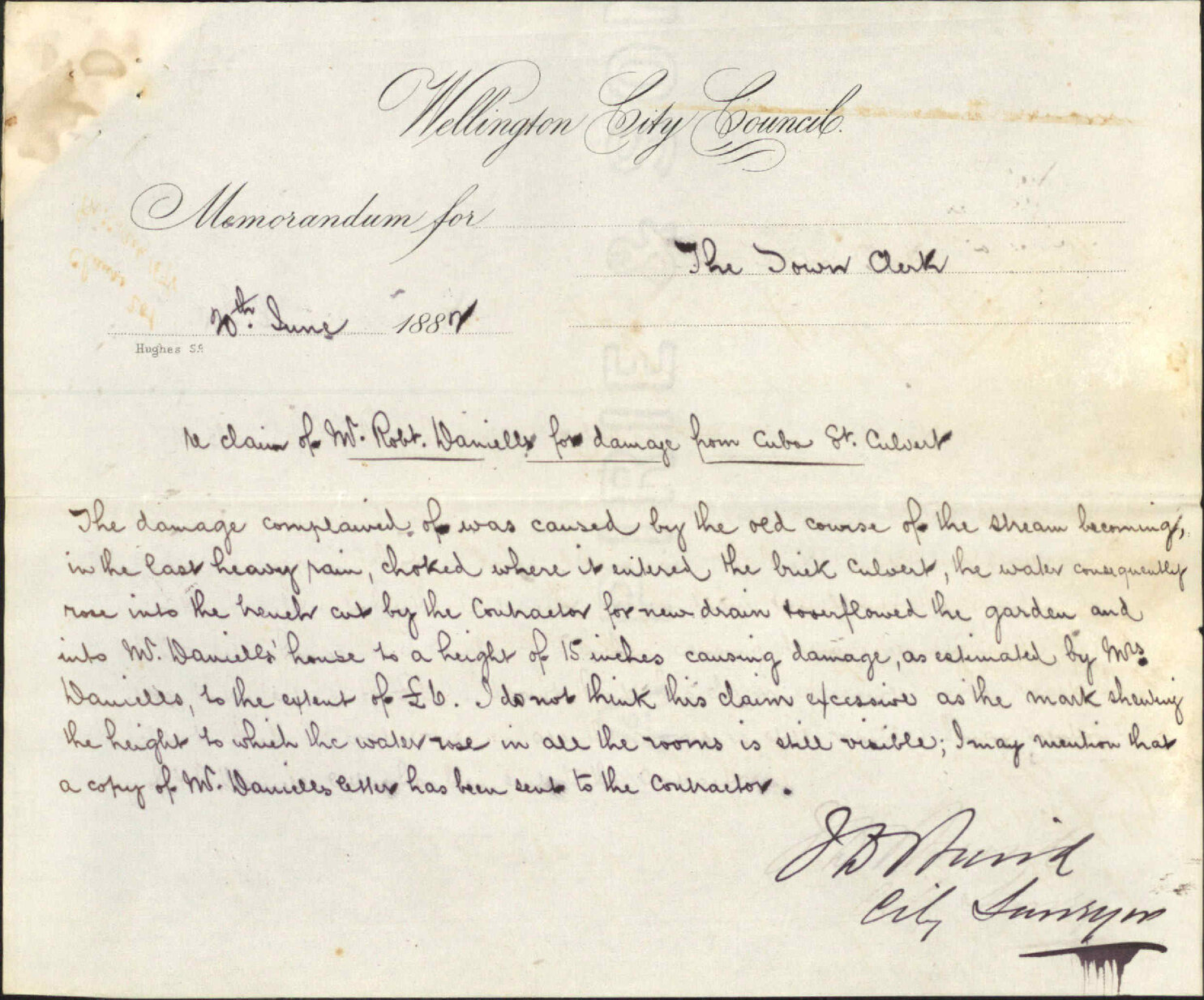 Claim in account of damage from Cuba Street drain - Robert Daniel