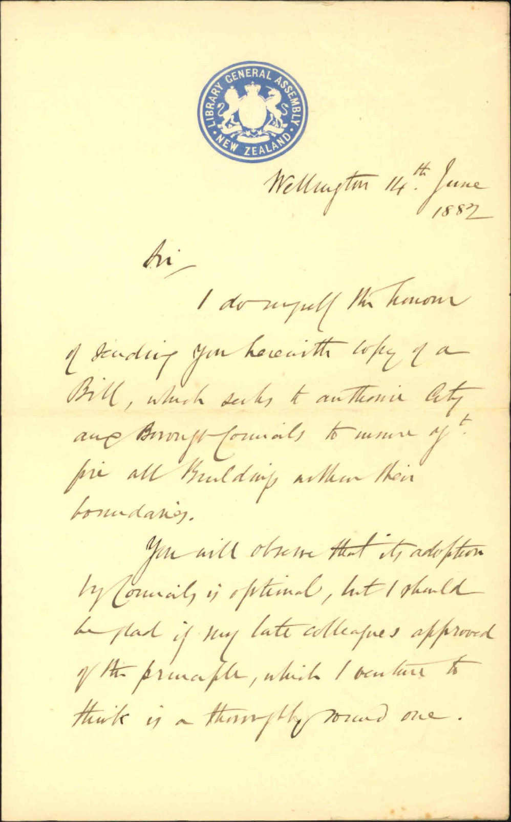 Forwarding copy of Municipal Fire Insurance bill - W Hutchison