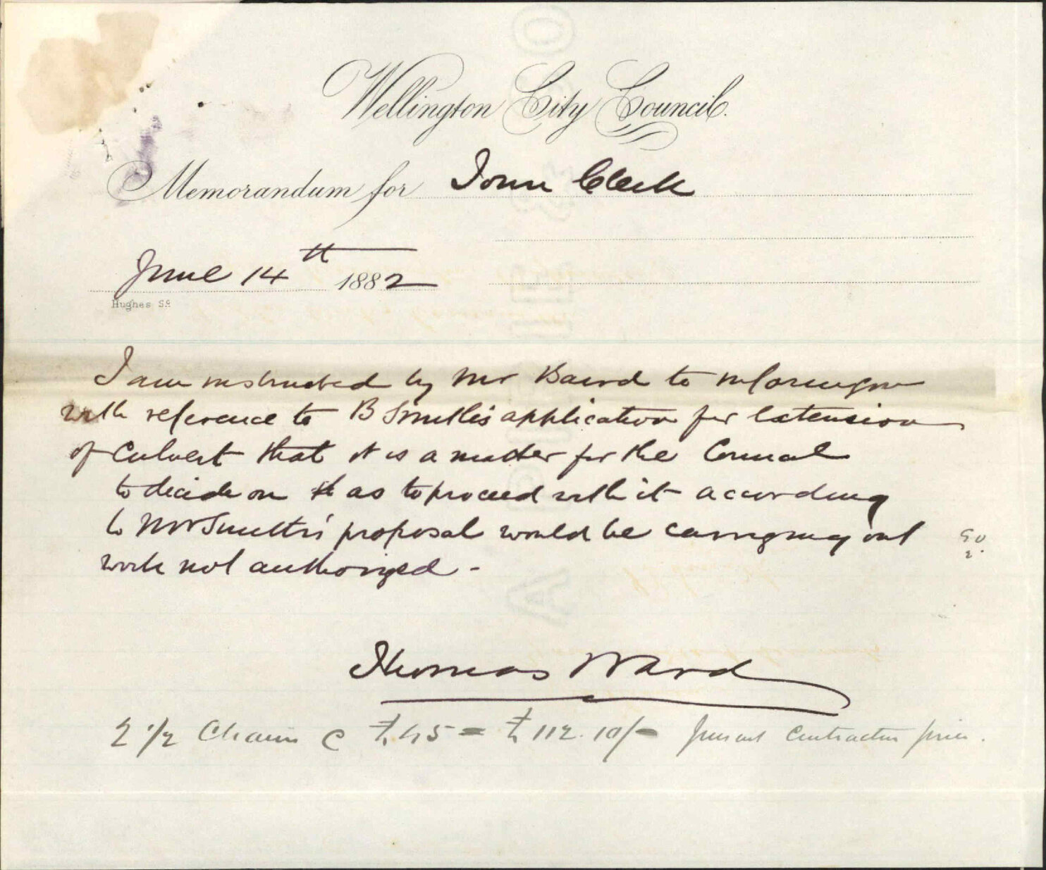 Application for extension of Wellington Terrace drain - B Smith, [Thomas Ward]