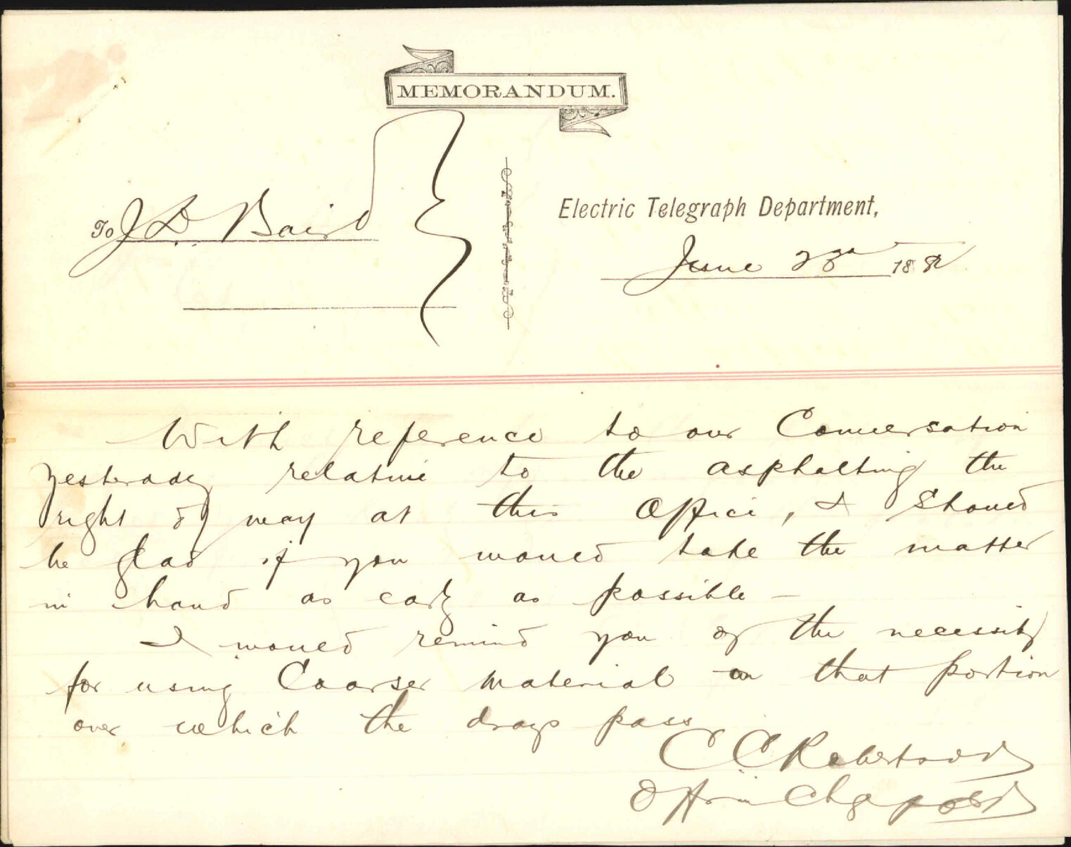 Application for asphalting pavement - Telegraph department