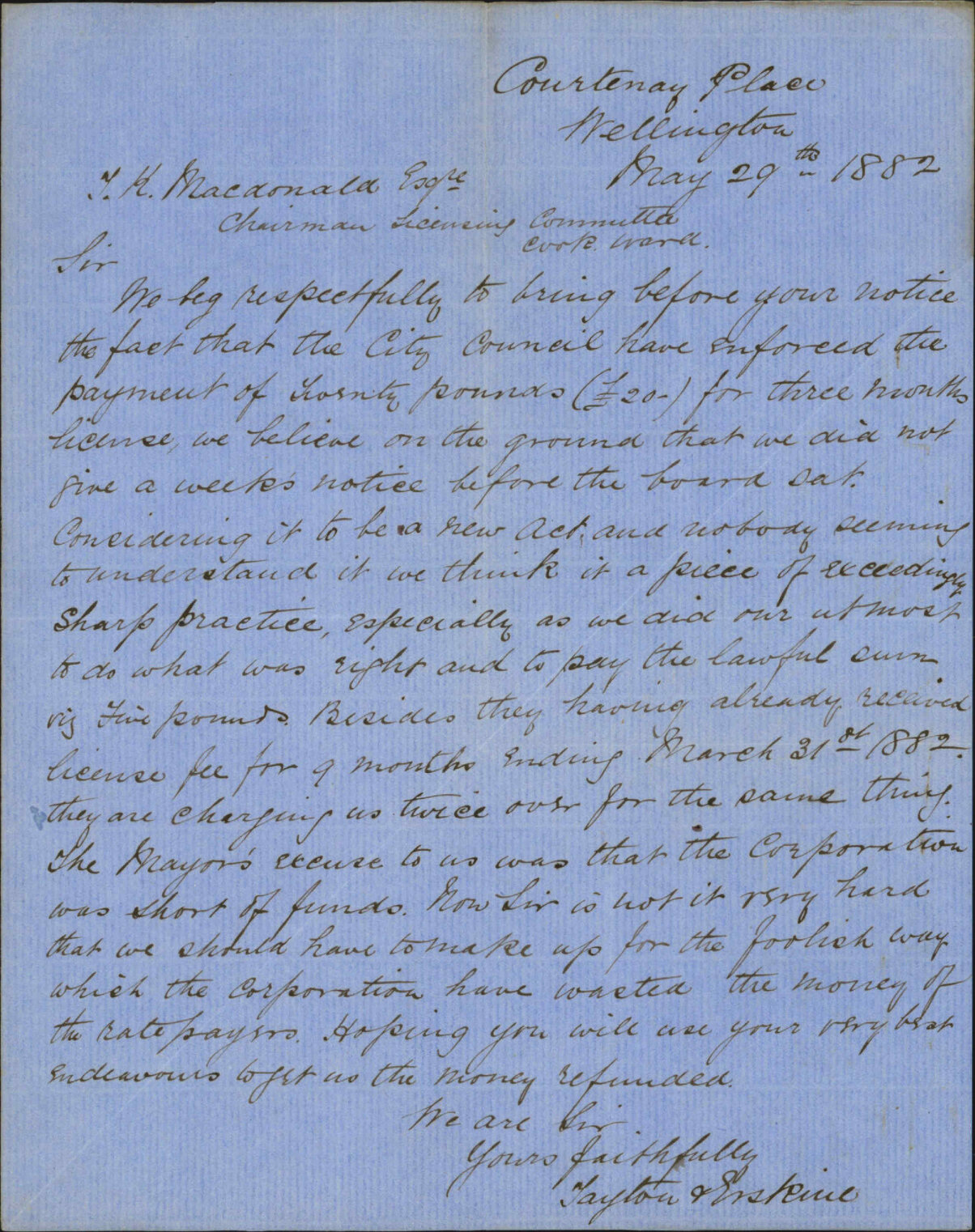 License fee, Tayton &amp; Erskine - Licensing Branck, Cook Ward