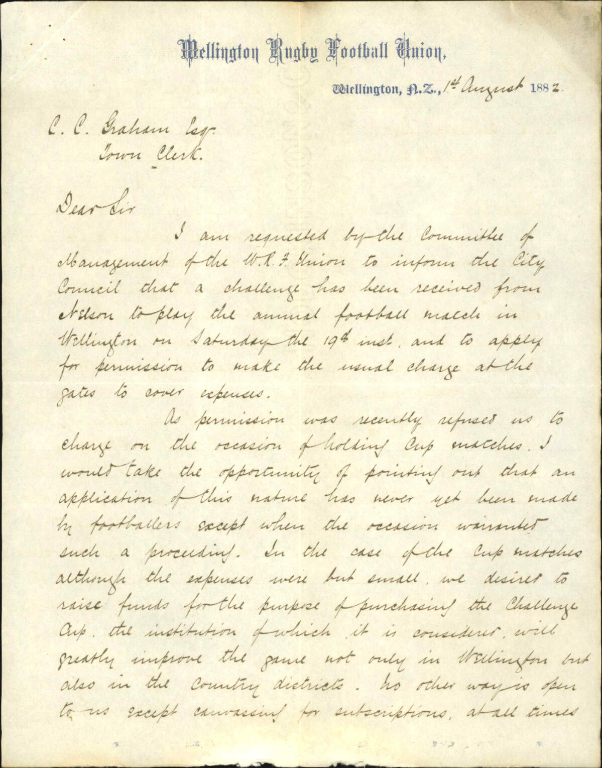 Application for leave to charge for admission, Nelson Match - Rugby Football Union