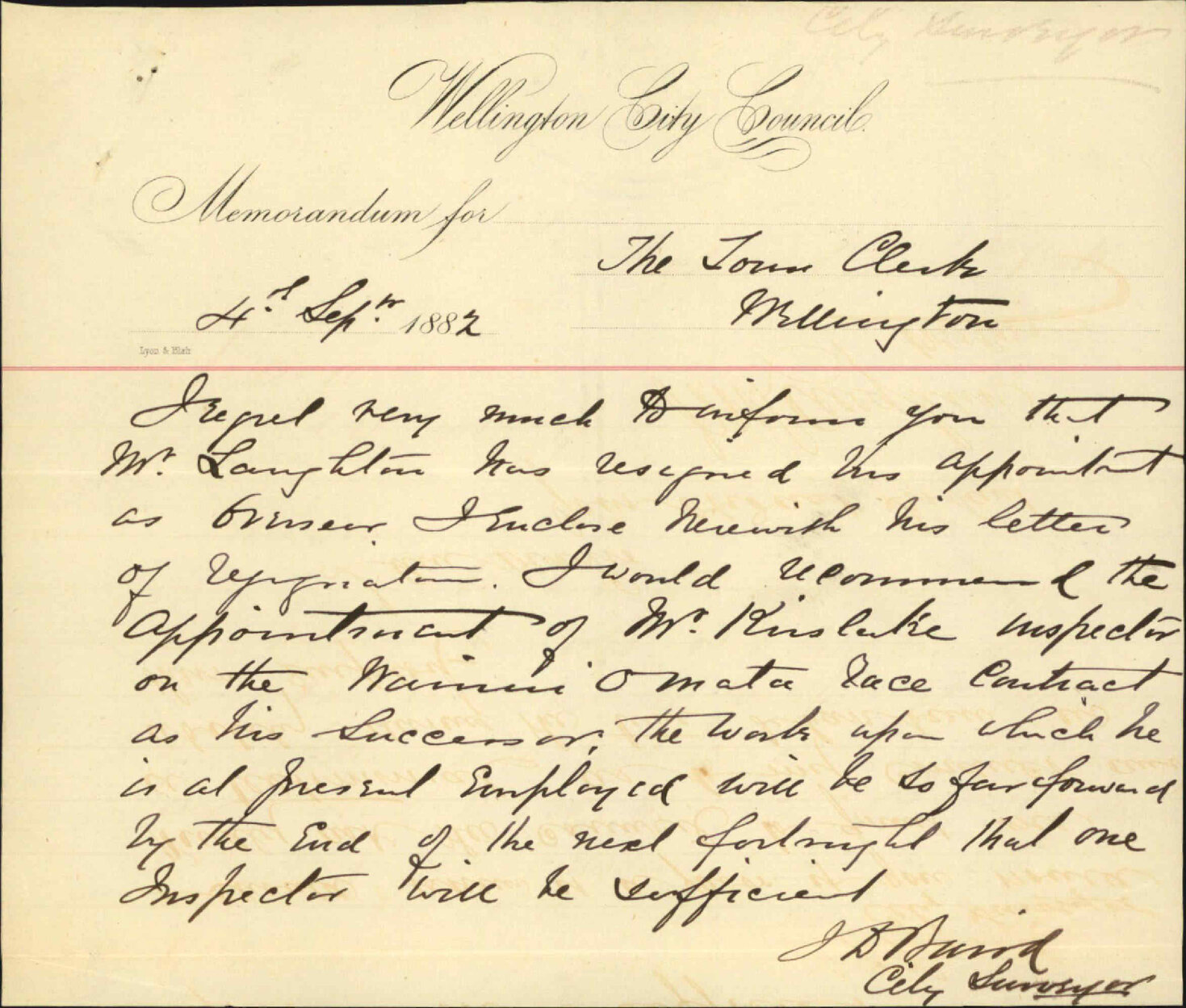 Tendering his resignation as overseer of works - J M Laughton