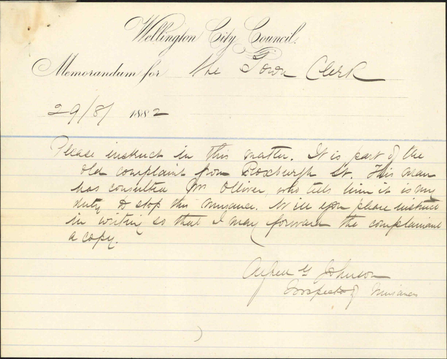 Nuisance on the property of Mr Jamieson - Inspector of Nuisances