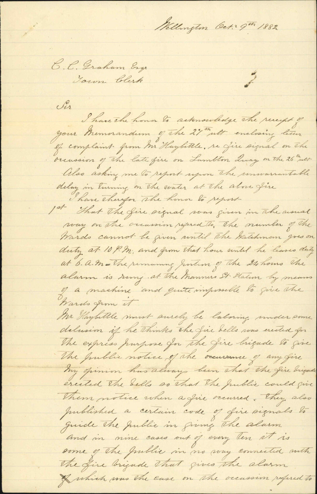 Report as to recent fire in Lambton Quay [Mr Haybittle's complaint] - Fire Brigade Superintendent
