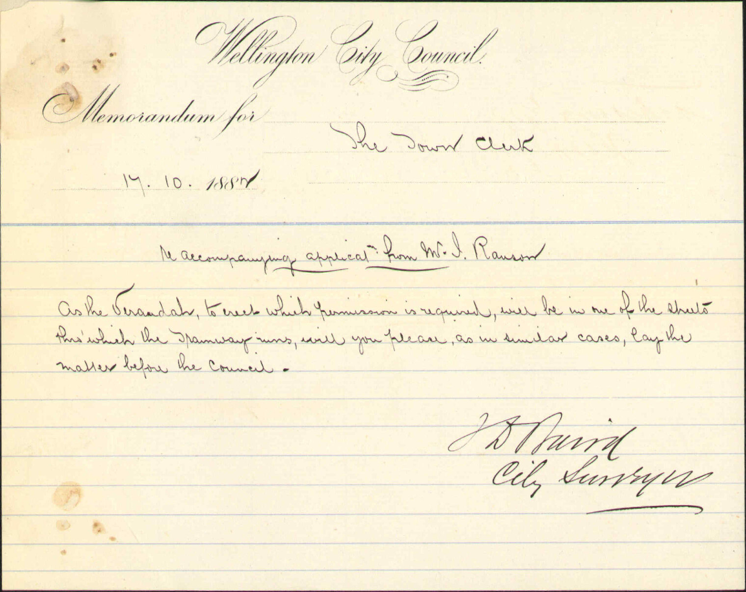 Application for leave to erect a verandah at corner of Cuba and Ingestre Streets - James Ranson