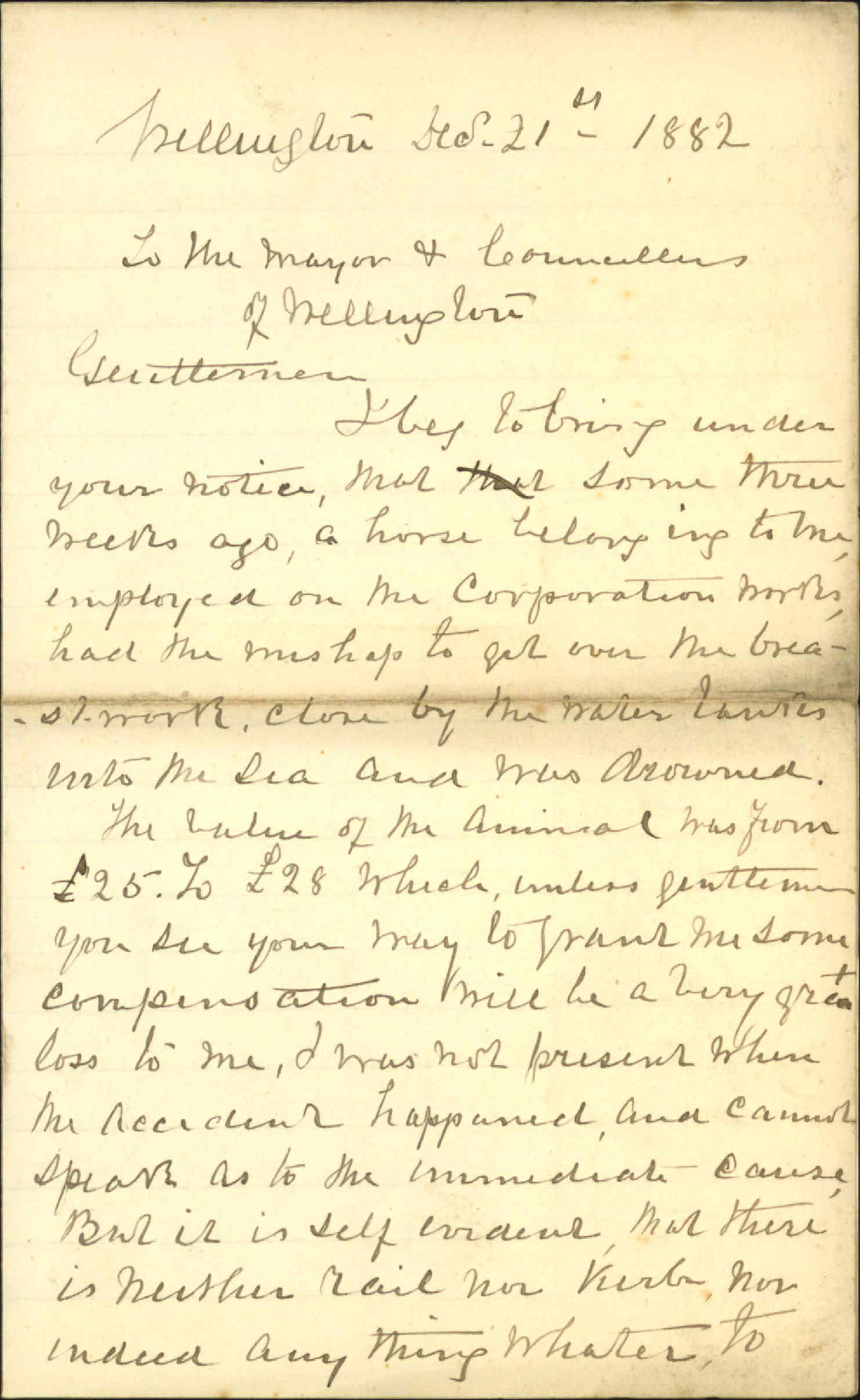 Asking compensation for horse drowned off the breastwork - J Collier
