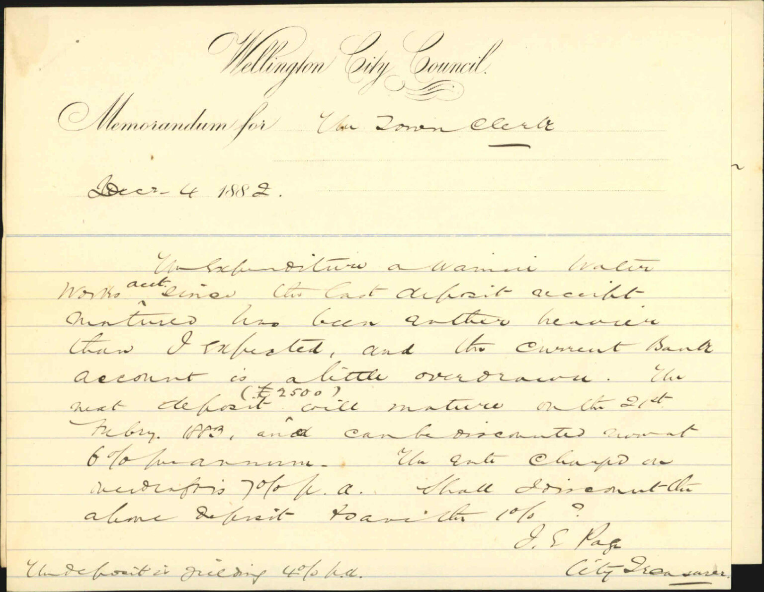 Discounting depot receipt for water works loan - City Treasurer