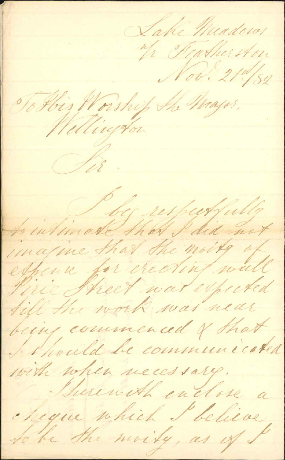 Forwarding cheque for half cut of concrete wall in Pirie Street - James Wilkinson