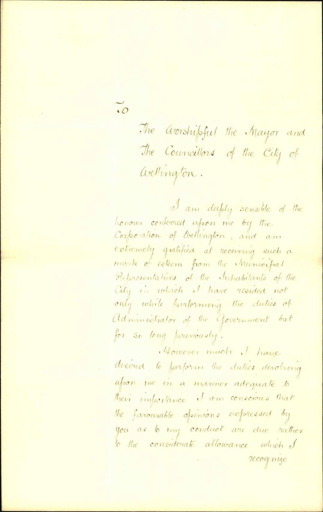 Reply to address from the Council and citizens - Sir James Prendergast