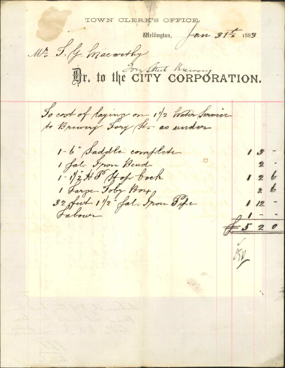 Application for remission of half cost of laying in water services - T G Macarthy