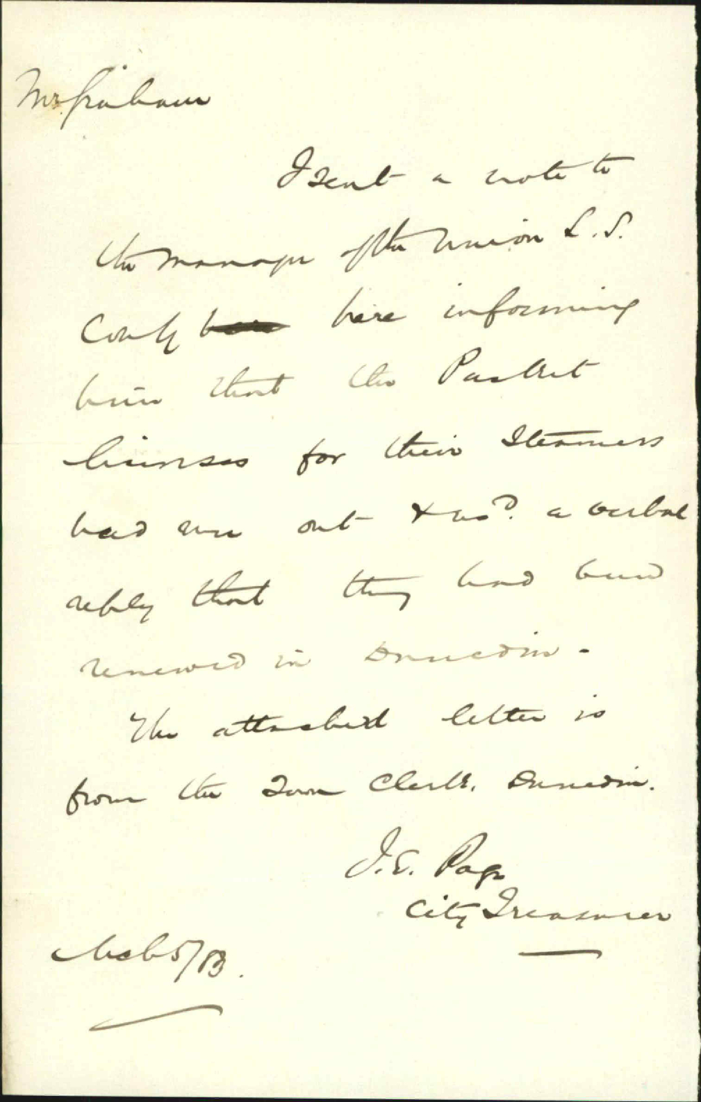Licenses (packet) of Union Steam Ship Company steamers - City Treasurer