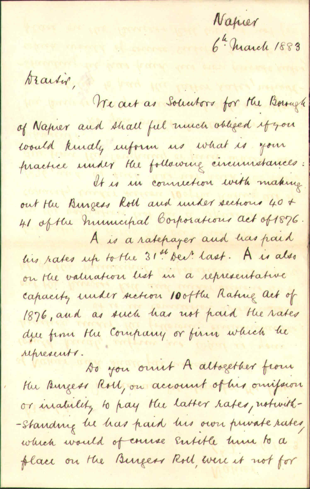 Nuisances from the burgess roll - Sansbury Rogan, City Solicitor, Napier Borough