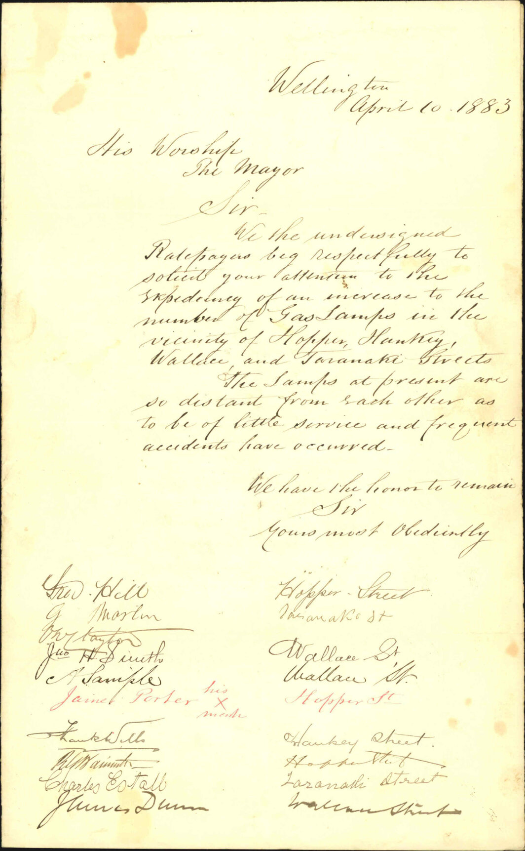 Petition asking for lamps at Hopper, Hankey, Wallace and Taranaki Streets - Fred Hill and others
