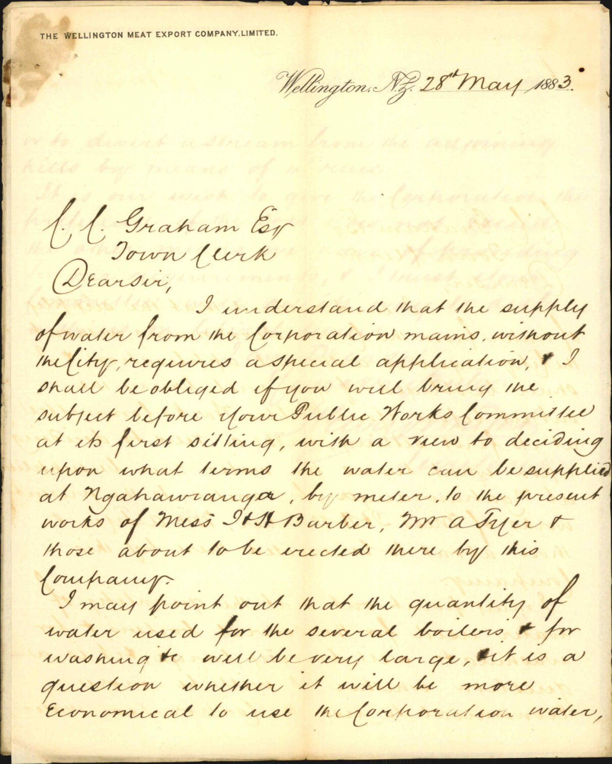 Asking for water supply at Ngauranga - Wellington Meat Export Company