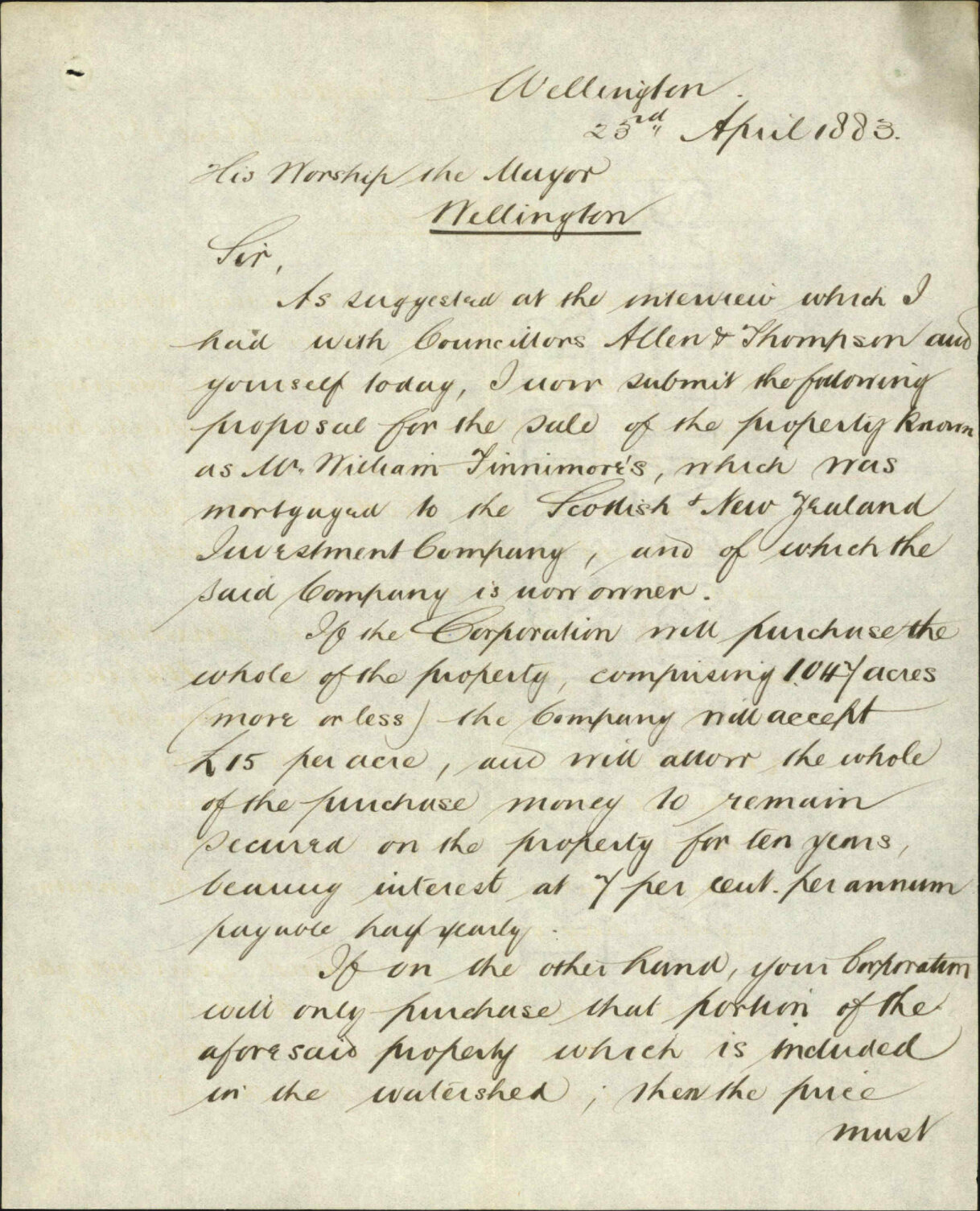 Offer of part of Kaiwarra [Kaiwharawhara] watershed, Finnimores property - J Walker Bain