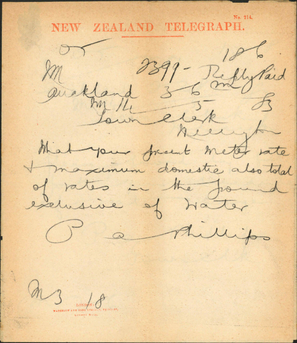 Query as to charges for water supply - Town Clerk Auckland