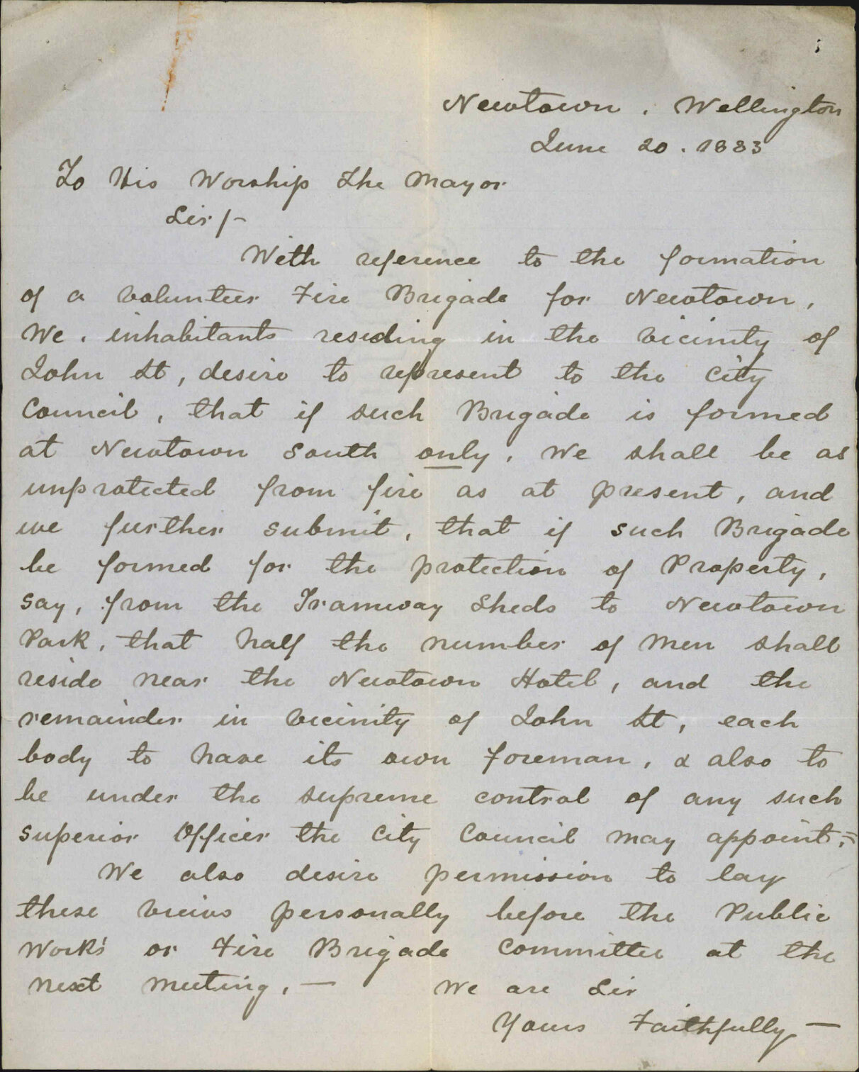 Petition for Fire Brigade in Newtown - Inhabitants, John Street vicinity