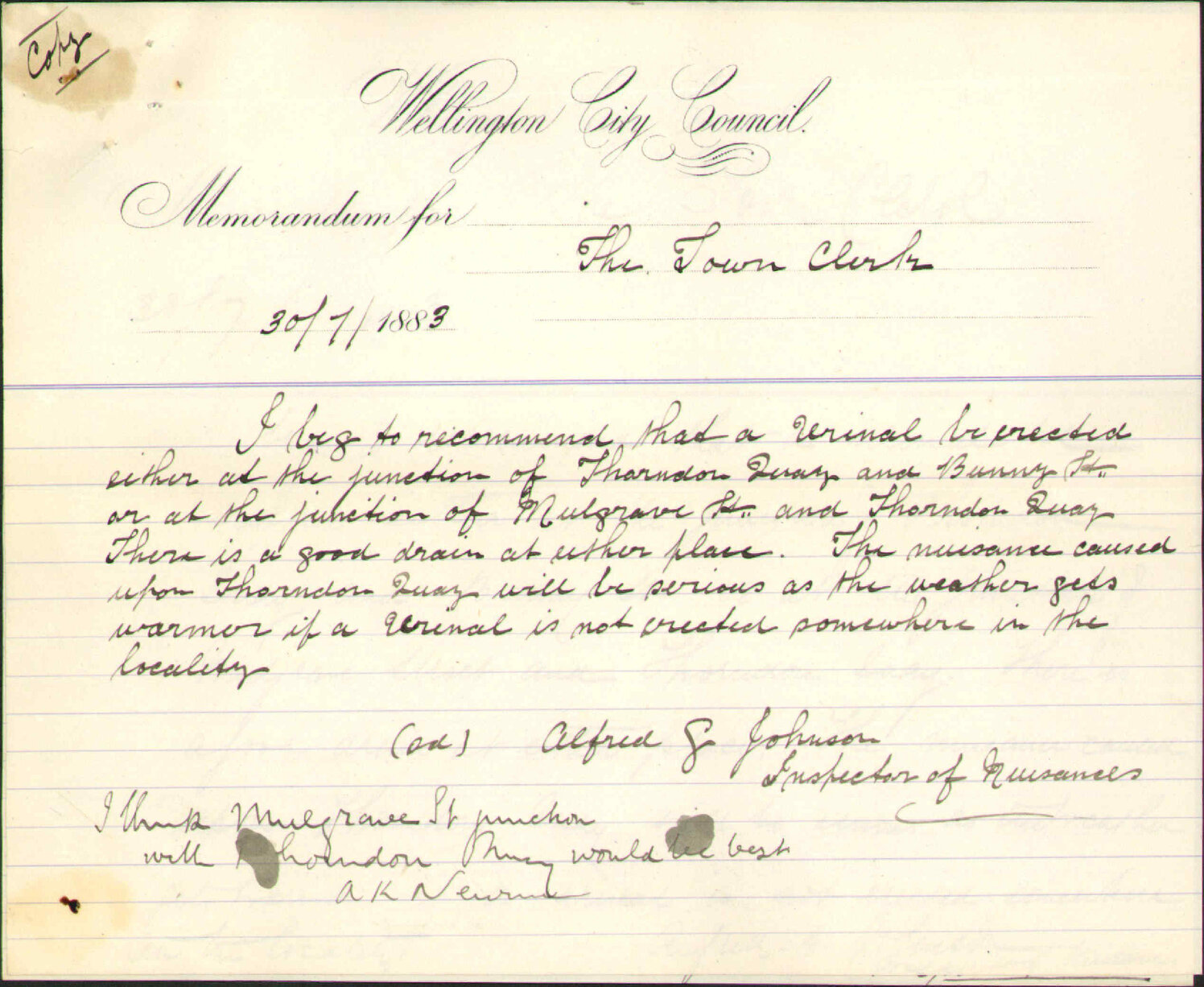 Recommending erection of urinal, Thorndon Quay - Inspector of Nuisances