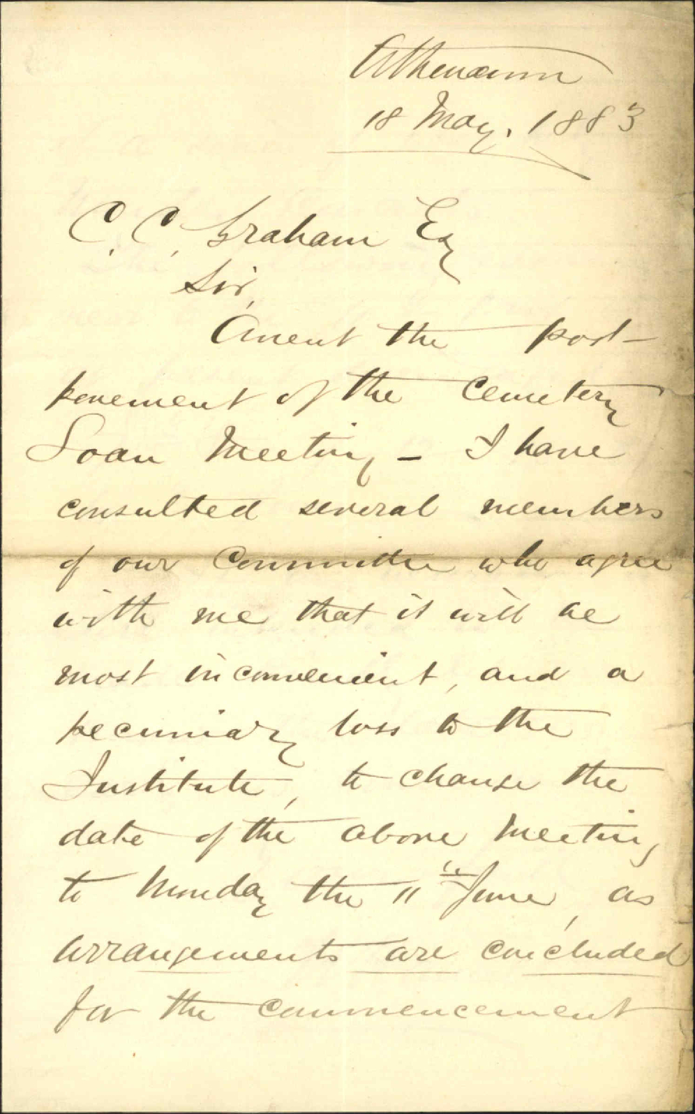 Engagement of hall for cemetery loan meeting - Athenaeum
