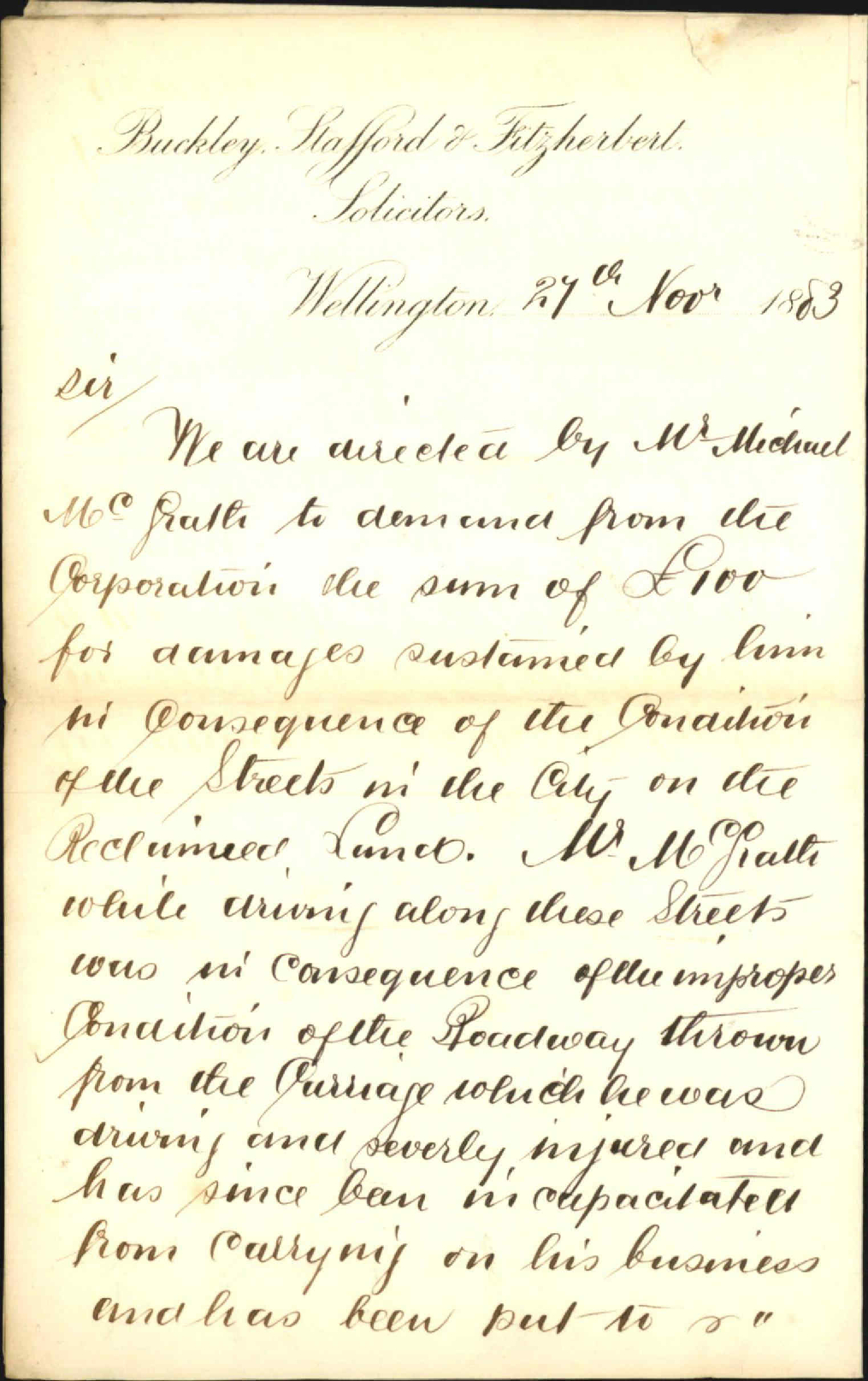 Claiming compensation in account of accident to M McGrath arising from condition of streets on reclaimed land - Buckley, Stafford &amp; Fitzherbert