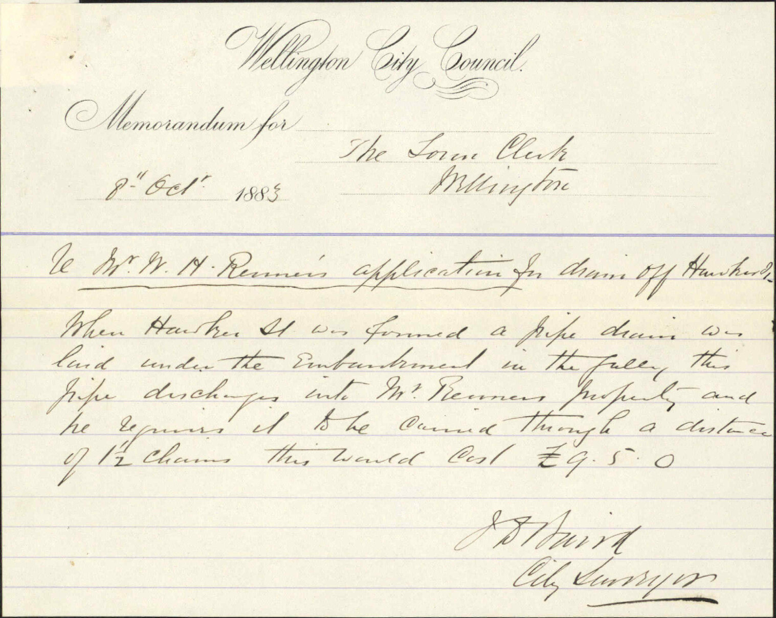 Application for drain in Hawker Street - W H Rennett
