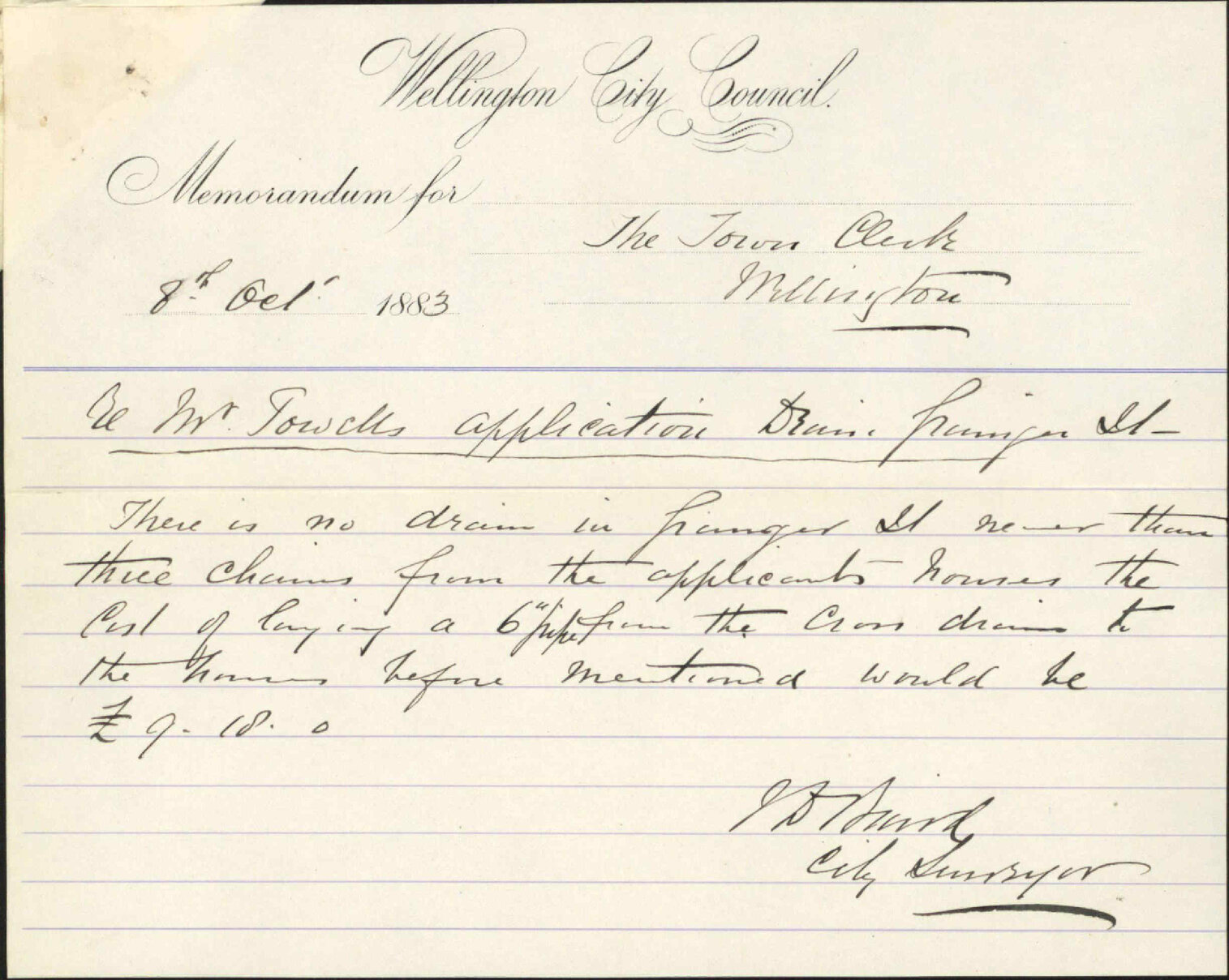 Asking for extension of drain in Grainger Street - J J Powell