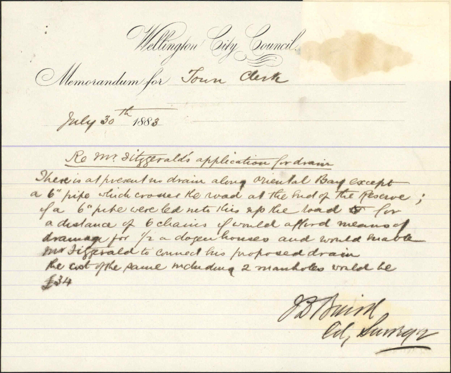 Application for drain from his premises - J E Fitzgerald