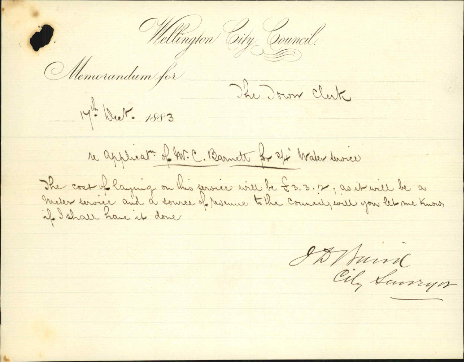 Application for water service to Mein Street - Charles Barnett