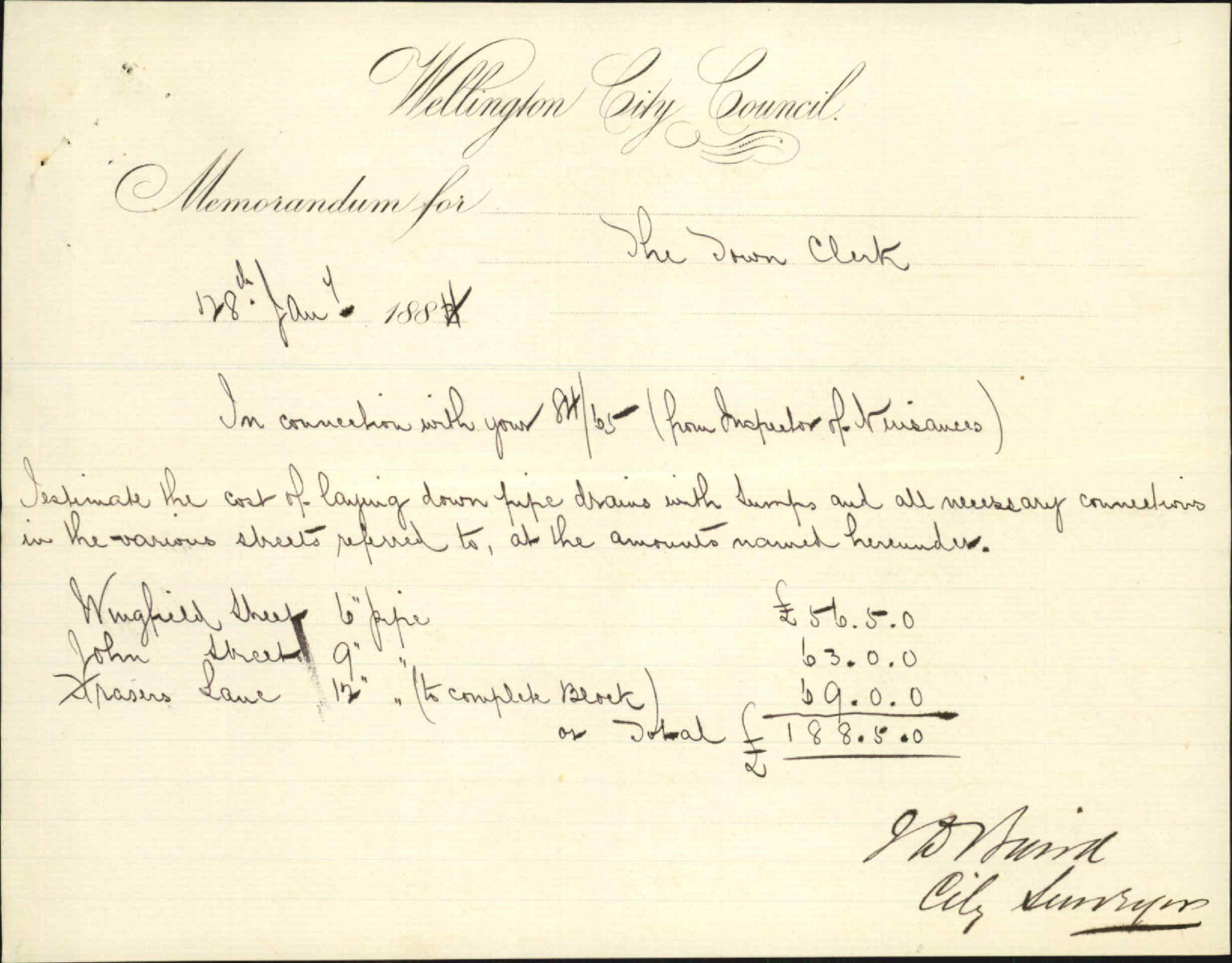 Drainage, Wingfield and John Streets, Fraser Lane - Inspector of Nuisances