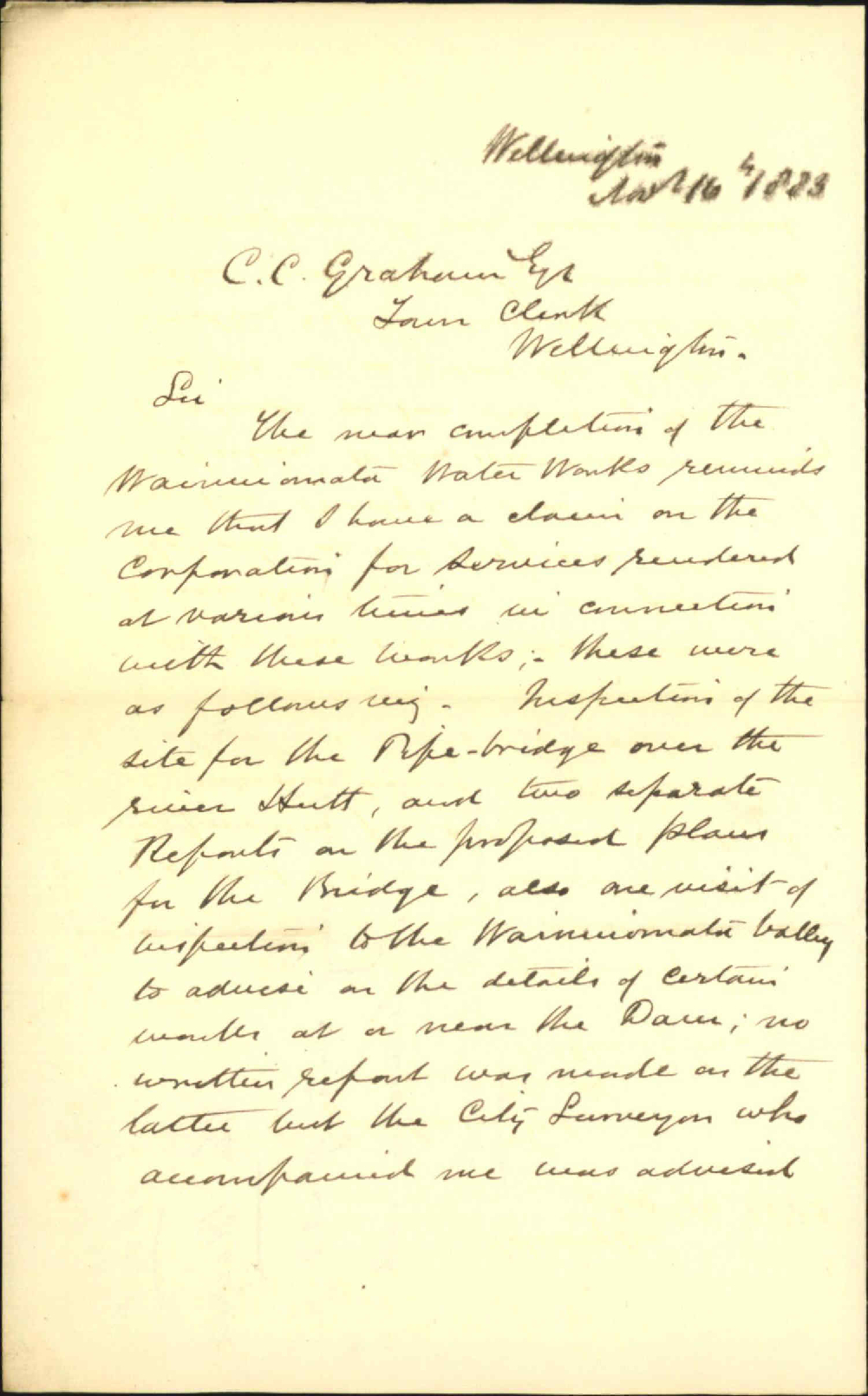 Forwarding note of account for services in connection with Wainui water works - John Blackett