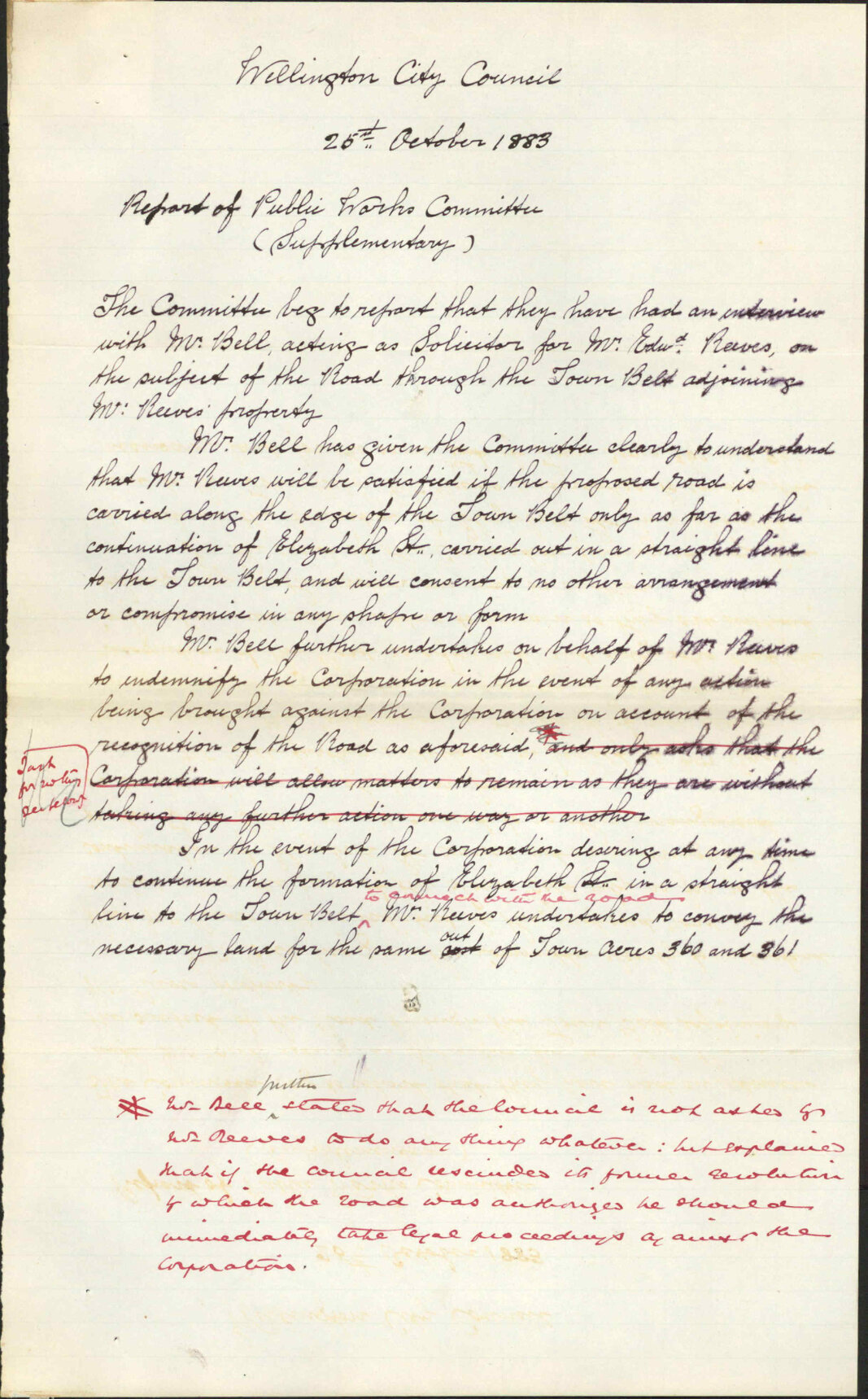Approving report of Public Works Committee regarding Edward Reeves and the Town Belt road - H D Bell