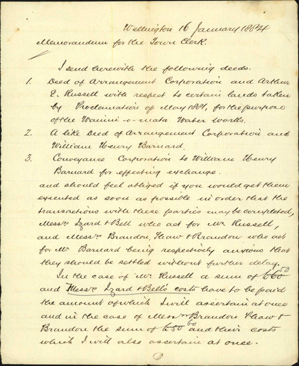 Sending Russells and Barnards deeds for execution - W T L Travers