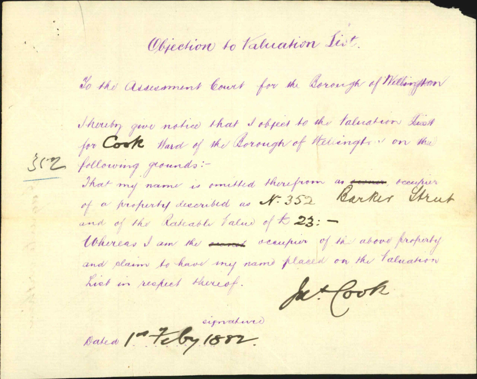 Application to be placed on the Burgess list - James Cook