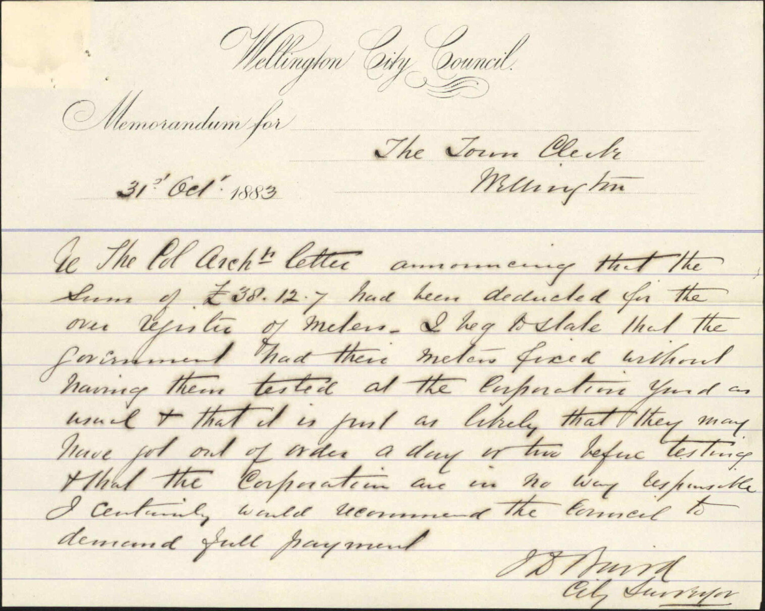 Water supply account, three months to 31/9/83 - Colonial Architect
