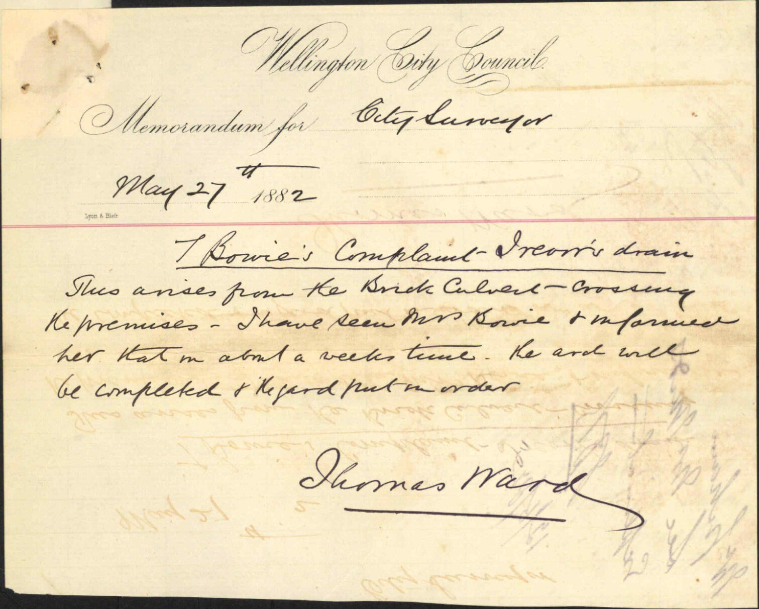 Complaint as to the state of his premises in Ingestre Street - T Bowie