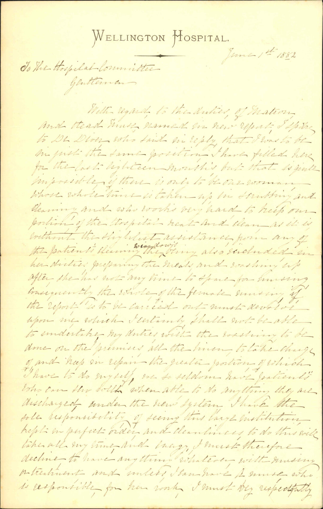 Tendering her resignation - Mrs Baillie [Hospital Matron]