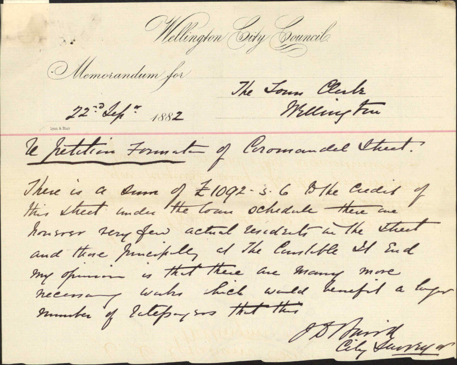 Forwarding testimonial praying for the formation of Coromandel street - J Anderson