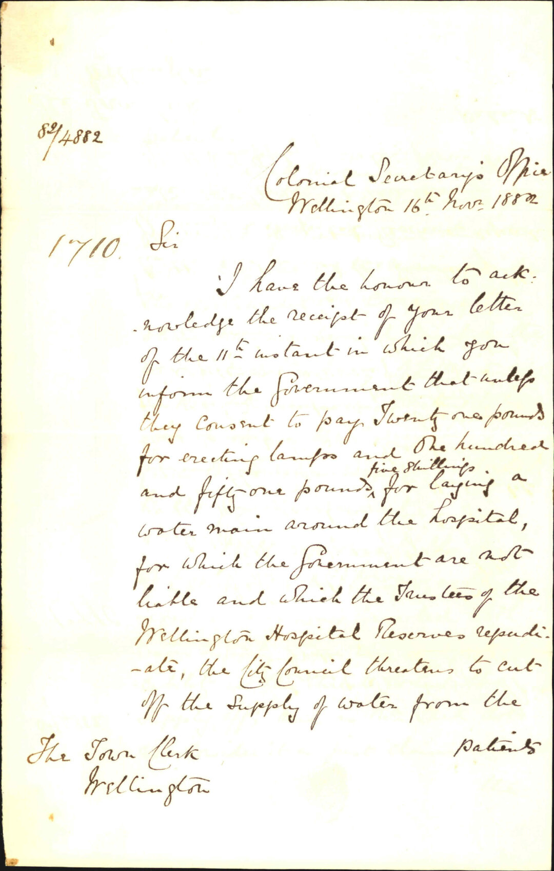Agreeing to pay for water mains to hospital - Colonial Secretary
