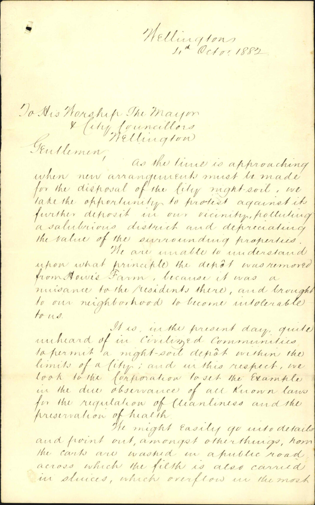 Petition protesting against the continuance of the Night Soil Depot at Mark Birds [part section 25, Town Belt]